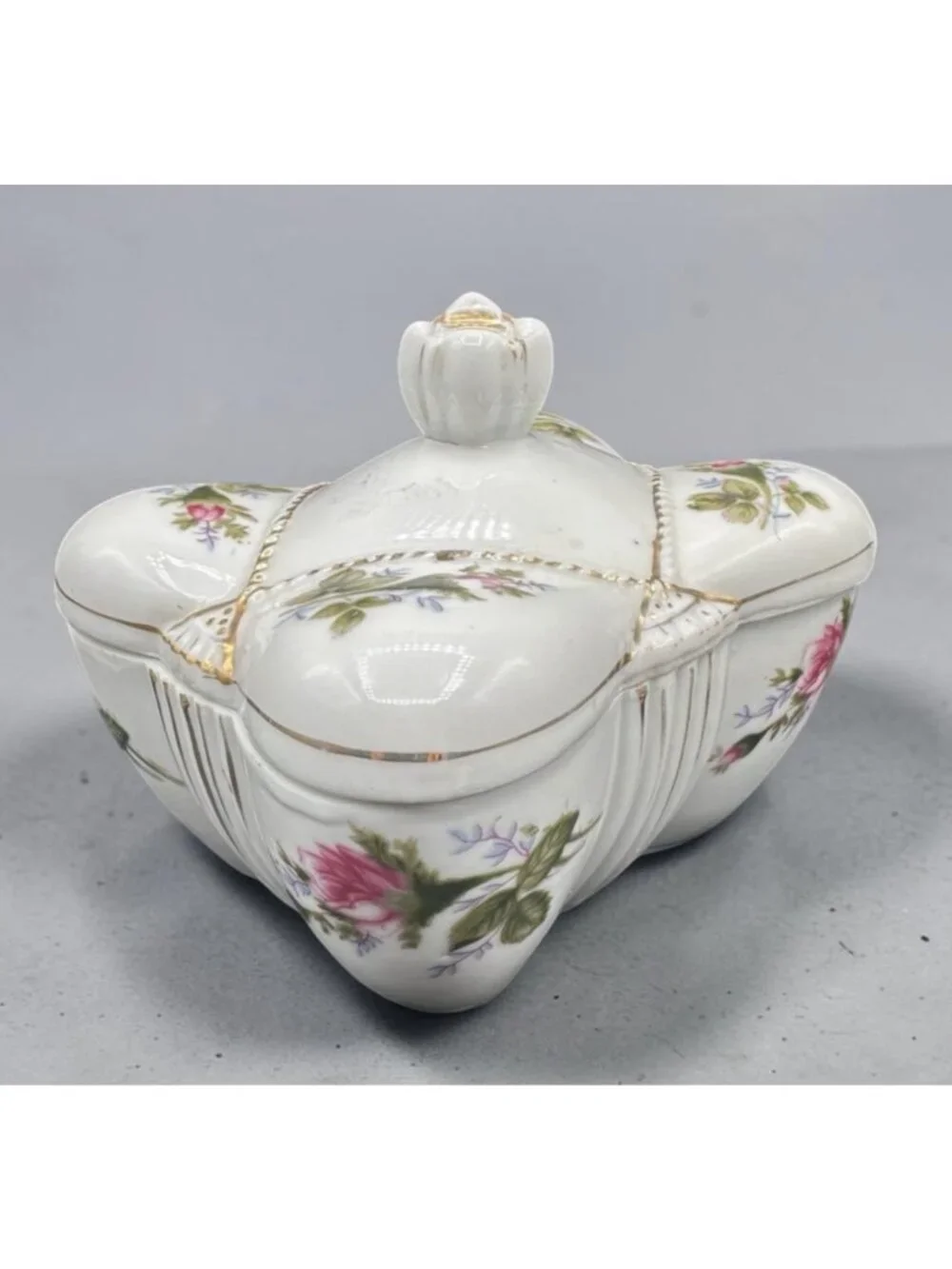 Vintage Japan Porcelain Trinket Box Pink Roses Gold Trim Footed Lidded Floral